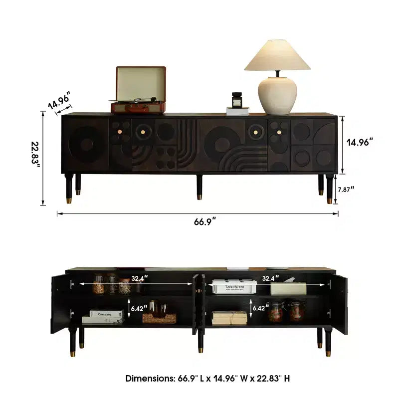 Meuble TV scandinave, Meuble TV moderne avec 4 placards, Meuble de divertissement en bois pour TV de plus de 55 pouces, Meuble TV minimaliste pour salon
