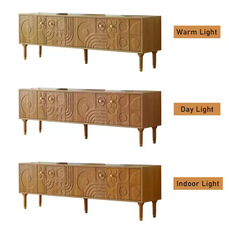 Meuble TV scandinave, Meuble TV moderne avec 4 placards, Meuble de divertissement en bois pour TV de plus de 55 pouces, Meuble TV minimaliste pour salon