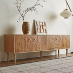 Meuble TV scandinave, Meuble TV moderne avec 4 placards, Meuble de divertissement en bois pour TV de plus de 55 pouces, Meuble TV minimaliste pour salon