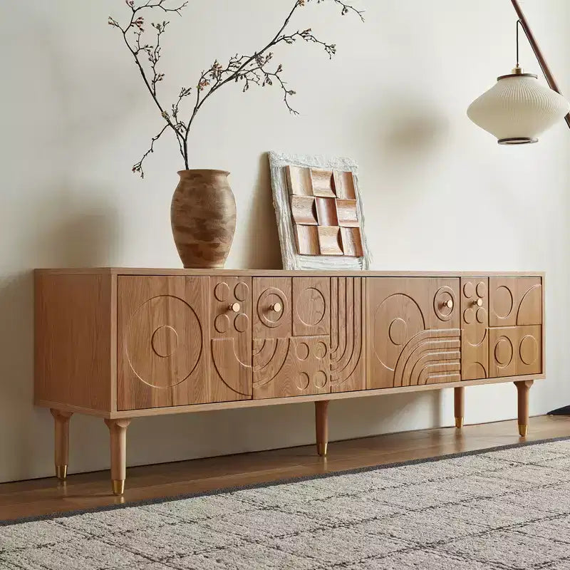 Meuble TV scandinave, Meuble TV moderne avec 4 placards, Meuble de divertissement en bois pour TV de plus de 55 pouces, Meuble TV minimaliste pour salon