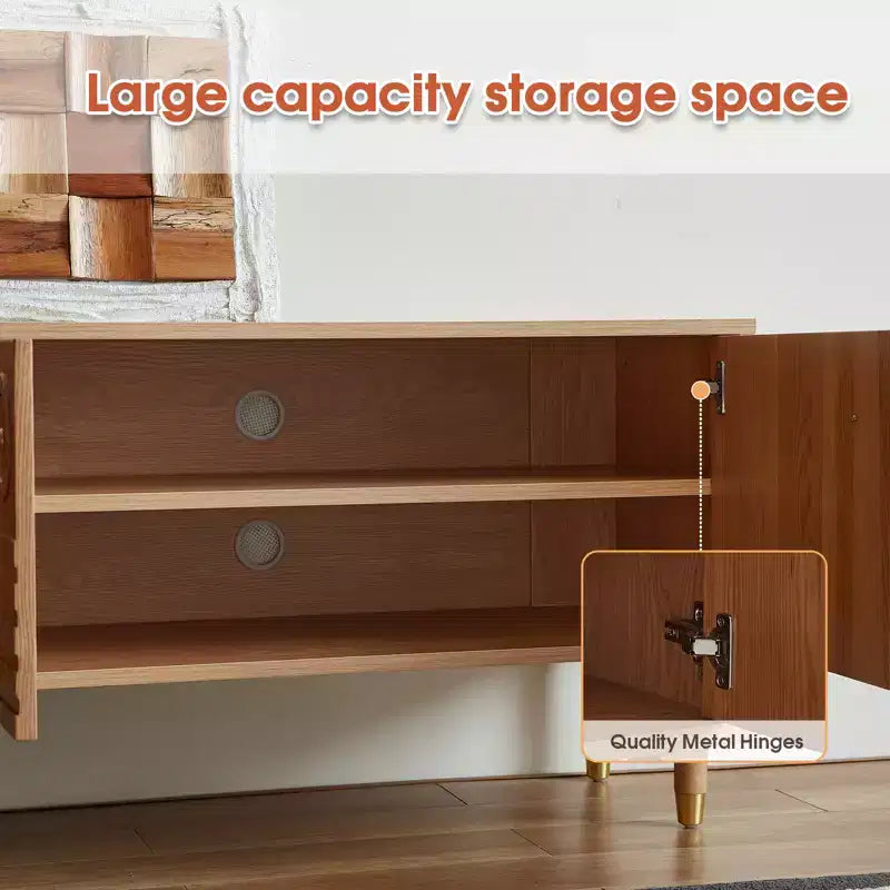 Meuble TV scandinave, Meuble TV moderne avec 4 placards, Meuble de divertissement en bois pour TV de plus de 55 pouces, Meuble TV minimaliste pour salon