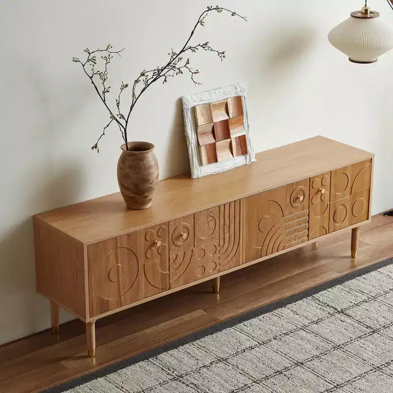 Meuble TV scandinave, Meuble TV moderne avec 4 placards, Meuble de divertissement en bois pour TV de plus de 55 pouces, Meuble TV minimaliste pour salon