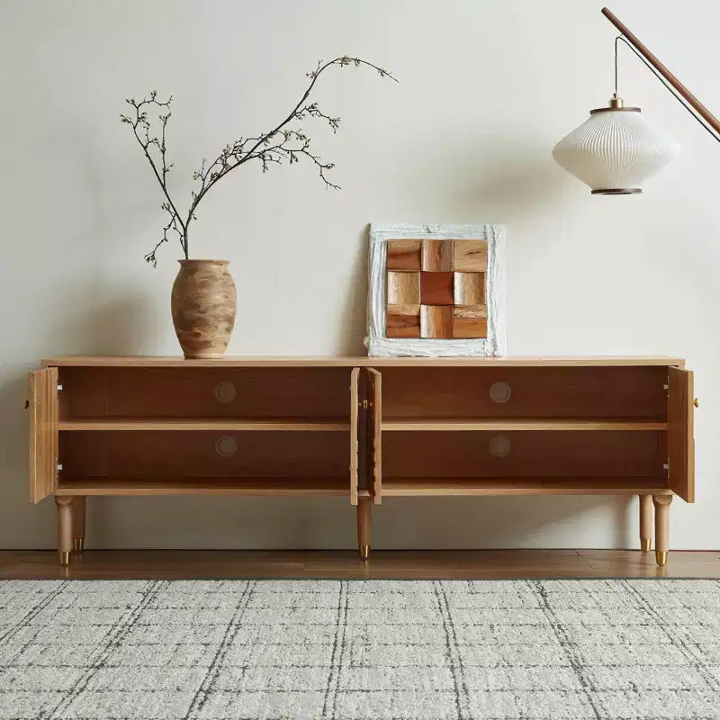 Meuble TV scandinave, Meuble TV moderne avec 4 placards, Meuble de divertissement en bois pour TV de plus de 55 pouces, Meuble TV minimaliste pour salon