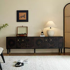 Meuble TV scandinave, Meuble TV moderne avec 4 placards, Meuble de divertissement en bois pour TV de plus de 55 pouces, Meuble TV minimaliste pour salon