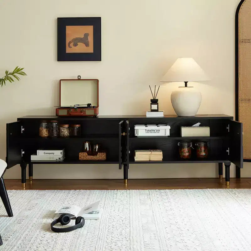Meuble TV scandinave, Meuble TV moderne avec 4 placards, Meuble de divertissement en bois pour TV de plus de 55 pouces, Meuble TV minimaliste pour salon