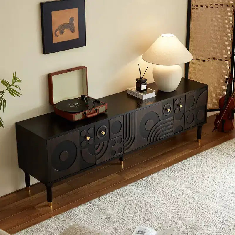 Meuble TV scandinave, Meuble TV moderne avec 4 placards, Meuble de divertissement en bois pour TV de plus de 55 pouces, Meuble TV minimaliste pour salon