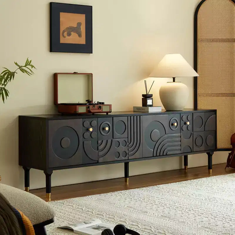 JVNOXK Mid-Century TV Stand, Modern TV Media Console with 4 Cabinets, Wood Entertainment Center for 55+ Inch TV, Minimalist TV Console for Living Room