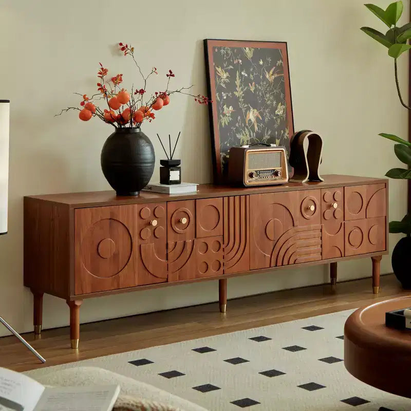 Meuble TV scandinave, Meuble TV moderne avec 4 placards, Meuble de divertissement en bois pour TV de plus de 55 pouces, Meuble TV minimaliste pour salon