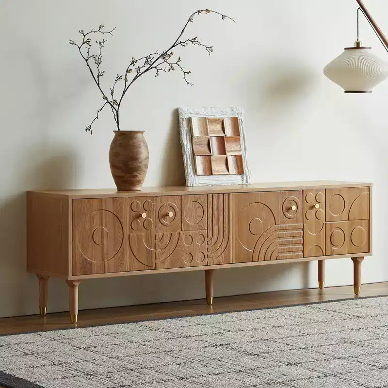 Meuble TV scandinave, Meuble TV moderne avec 4 placards, Meuble de divertissement en bois pour TV de plus de 55 pouces, Meuble TV minimaliste pour salon