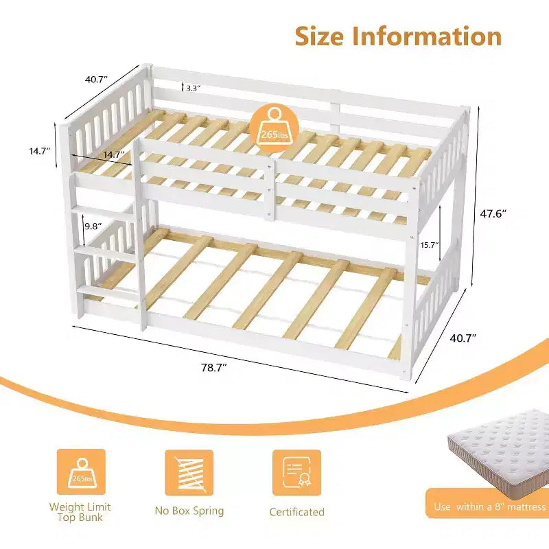 Lits Superposés Jumeaux Simples en Bois Massif pour Enfants/Juniors, Cadre de Lit Superposé avec Barrières de Sécurité et Échelle pour Garçons et Filles, Aucun Sommier Tapissier Requis (Blanc)