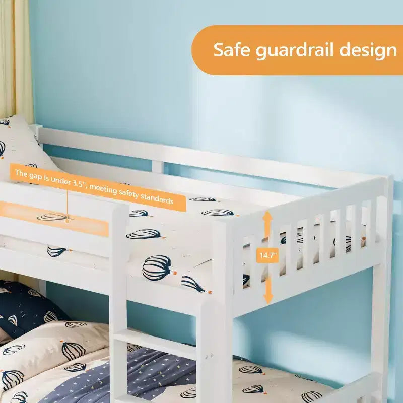 Lits Superposés Jumeaux Simples en Bois Massif pour Enfants/Juniors, Cadre de Lit Superposé avec Barrières de Sécurité et Échelle pour Garçons et Filles, Aucun Sommier Tapissier Requis (Blanc)