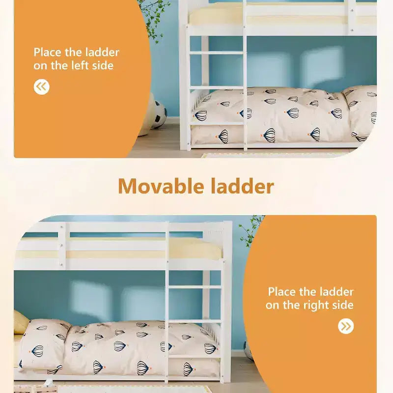Lits Superposés Jumeaux Simples en Bois Massif pour Enfants/Juniors, Cadre de Lit Superposé avec Barrières de Sécurité et Échelle pour Garçons et Filles, Aucun Sommier Tapissier Requis (Blanc)