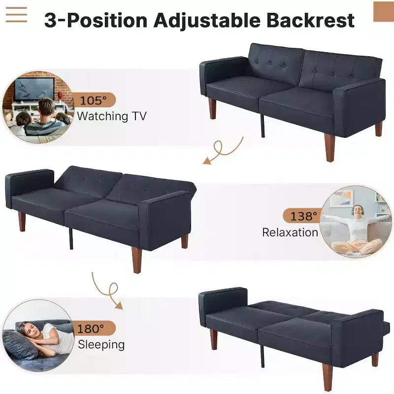 Canapé-lit convertible avec dossier réglable, fonctionne comme fauteuil inclinable et causeuse, coussins en mousse et ressorts, noir mat