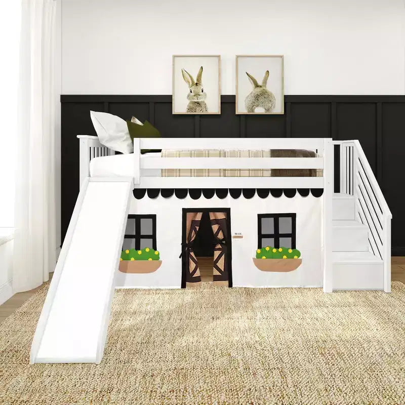 Lit mezzanine bas jumeau avec escalier, toboggan facile et rideau de ferme noir et blanc