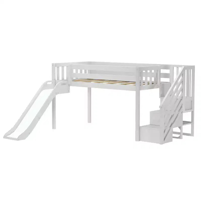 Lit mezzanine bas jumeau avec escalier, toboggan facile et rideau de ferme noir et blanc