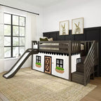 Lit mezzanine bas jumeau avec escalier, toboggan facile et rideau de ferme noir et blanc