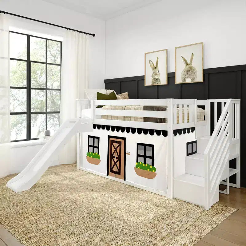 Twin Low Loft With Stairs, Easy Slide & Black & White Farmhouse Curtain