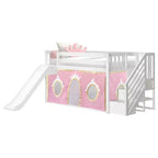 Lit mi-hauteur double avec escalier, toboggan facile et rideau de princesse rose clair et doré