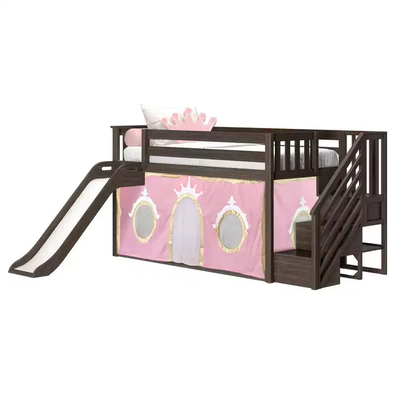 Lit mi-hauteur double avec escalier, toboggan facile et rideau de princesse rose clair et doré