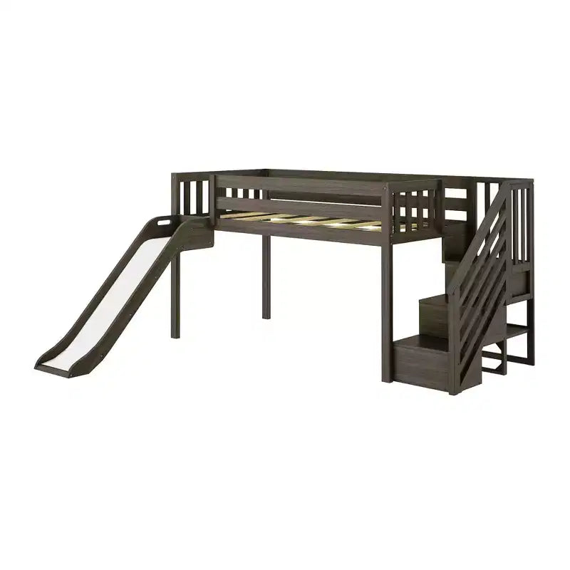 Lit mi-hauteur double avec escalier, toboggan facile et rideau de princesse rose clair et doré