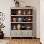 Meuble de rangement de cuisine gris rétro avec 3 étagères ouvertes et 4 tiroirs, buffet de salle à manger, organisateur de rangement pour cuisine et salle à manger