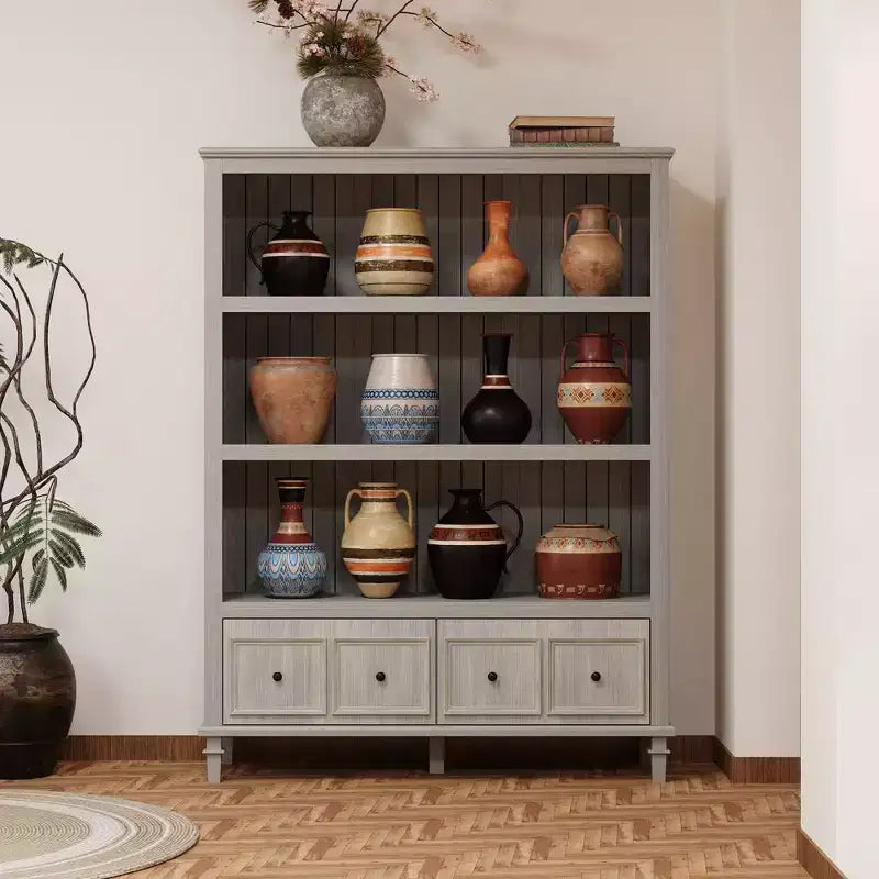 Meuble de rangement de cuisine gris rétro avec 3 étagères ouvertes et 4 tiroirs, buffet de salle à manger, organisateur de rangement pour cuisine et salle à manger