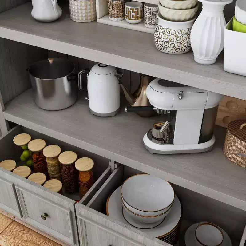 Meuble de rangement de cuisine gris rétro avec 3 étagères ouvertes et 4 tiroirs, buffet de salle à manger, organisateur de rangement pour cuisine et salle à manger