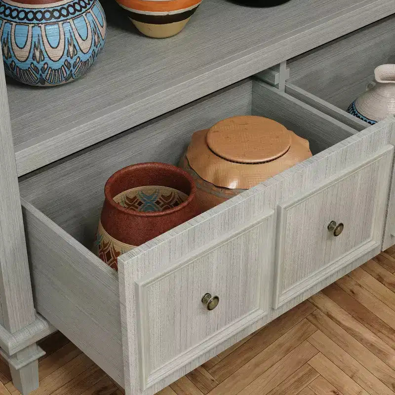 Meuble de rangement de cuisine gris rétro avec 3 étagères ouvertes et 4 tiroirs, buffet de salle à manger, organisateur de rangement pour cuisine et salle à manger