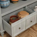 Meuble de rangement de cuisine gris rétro avec 3 étagères ouvertes et 4 tiroirs, buffet de salle à manger, organisateur de rangement pour cuisine et salle à manger
