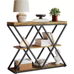 3-Tier Industrial Console Table with X-Frame & Open Shelves Rustic Brown Entryway Accent Table for Foyer