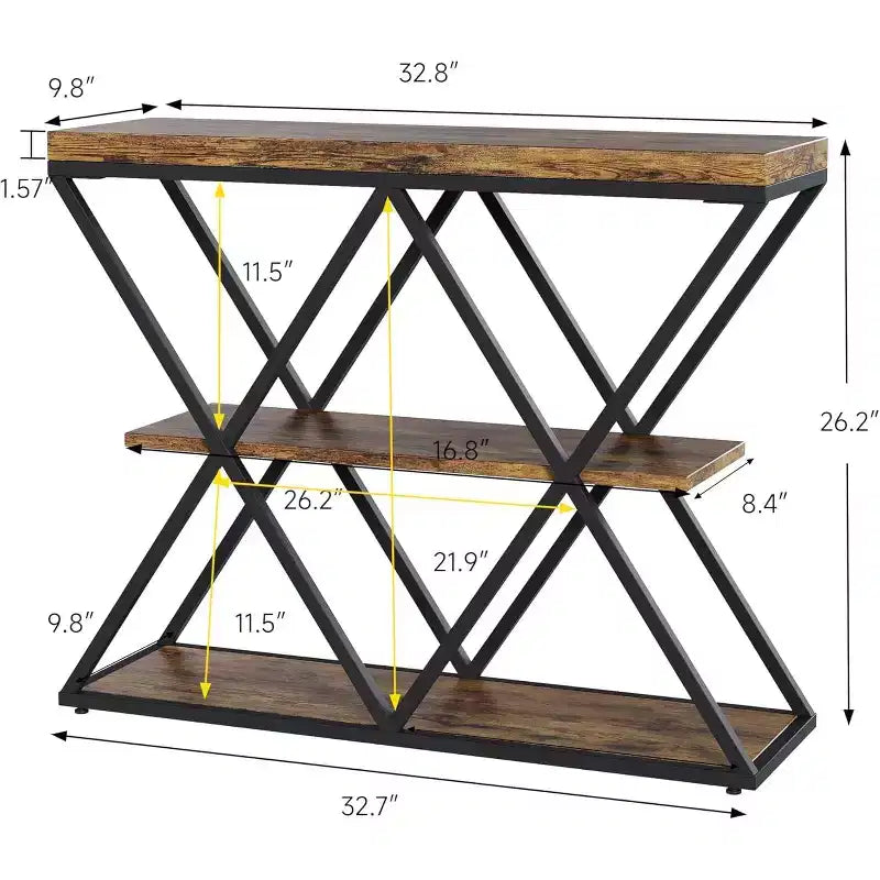Console industrielle à 3 niveaux avec cadre en X et étagères ouvertes, Table d'entrée rustique marron pour hall d'entrée