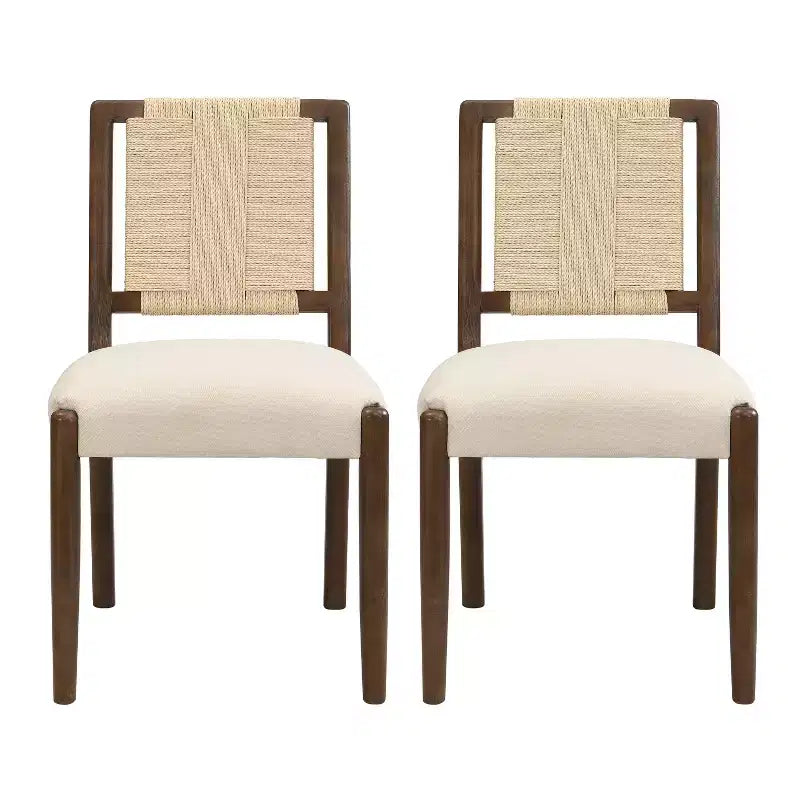 Chaise de salle à manger en bois d'hévéa rembourrée avec dossier en corde tressée (lot de 2)
