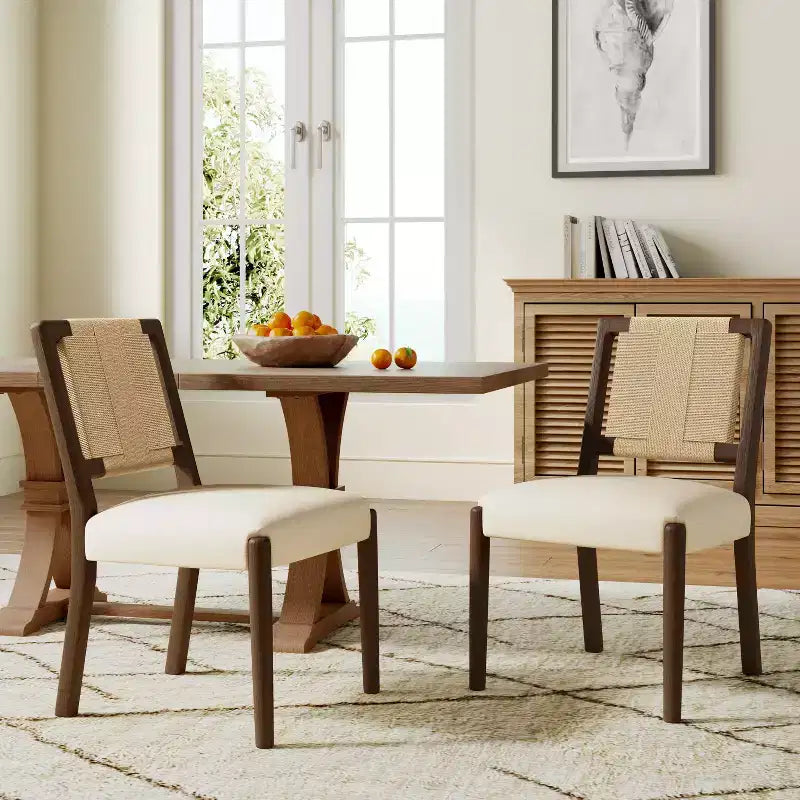 Chaise de salle à manger en bois d'hévéa rembourrée avec dossier en corde tressée (lot de 2)