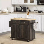 Okak Modern Kitchen Island On Wheels with Spice Rack, Kitchen Cart with 2 Drawers and 4 Cabinet Doors, Countertop Organizer for Kitchen, Brown Oak