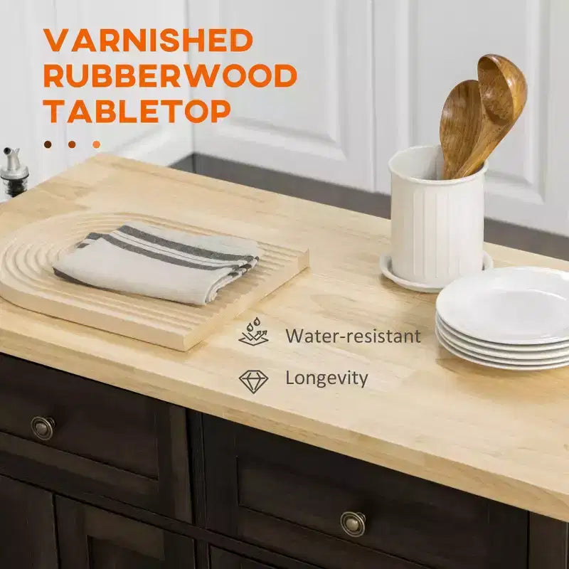 Îlot de cuisine moderne sur roulettes avec étagère à épices, chariot de cuisine avec 2 tiroirs et 4 portes de placard, organiseur de comptoir pour la cuisine, chêne brun