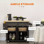 Îlot de cuisine moderne sur roulettes avec étagère à épices, chariot de cuisine avec 2 tiroirs et 4 portes de placard, organiseur de comptoir pour la cuisine, chêne brun