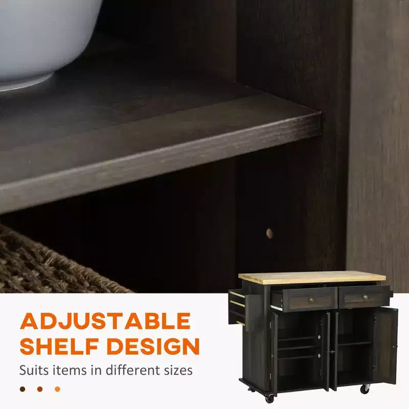 Îlot de cuisine moderne sur roulettes avec étagère à épices, chariot de cuisine avec 2 tiroirs et 4 portes de placard, organiseur de comptoir pour la cuisine, chêne brun
