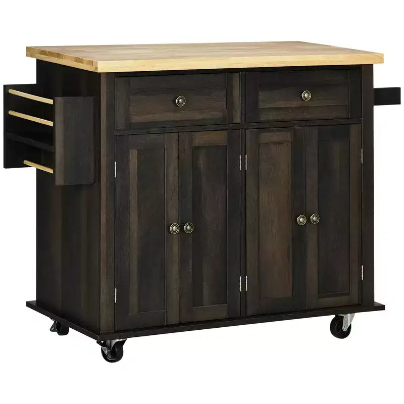 Îlot de cuisine moderne sur roulettes avec étagère à épices, chariot de cuisine avec 2 tiroirs et 4 portes de placard, organiseur de comptoir pour la cuisine, chêne brun