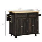 Îlot de cuisine moderne sur roulettes avec étagère à épices, chariot de cuisine avec 2 tiroirs et 4 portes de placard, organiseur de comptoir pour la cuisine, chêne brun