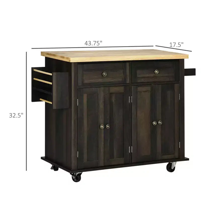 Îlot de cuisine moderne sur roulettes avec étagère à épices, chariot de cuisine avec 2 tiroirs et 4 portes de placard, organiseur de comptoir pour la cuisine, chêne brun