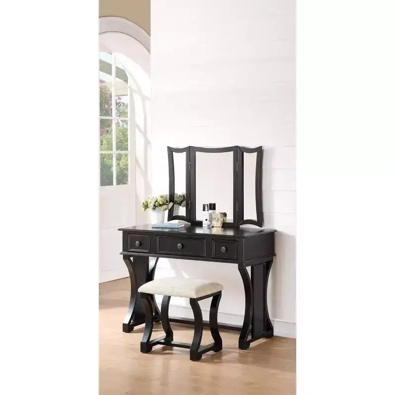 Coiffeuse en bois avec miroir et tabouret