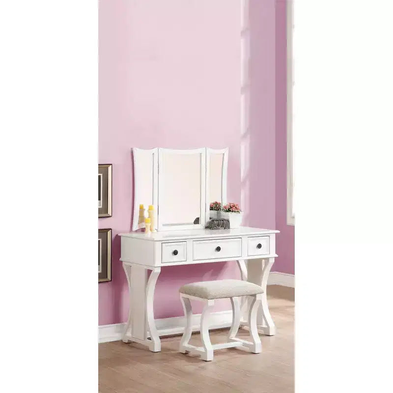 Coiffeuse en bois avec miroir et tabouret