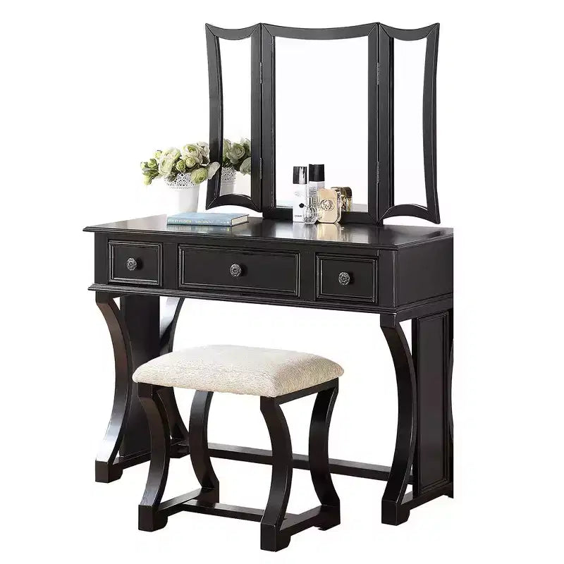 Poundex Wooden Makeup Vanity Set Desk, Mirror and Stool