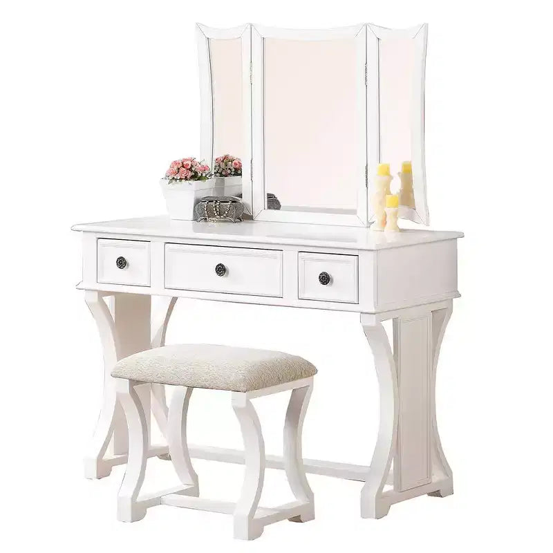Coiffeuse en bois avec miroir et tabouret