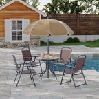 Ensemble repas d'extérieur, 4 chaises pliantes et un parasol, parfait pour les terrasses et jardins. Facile à monter et à ranger.