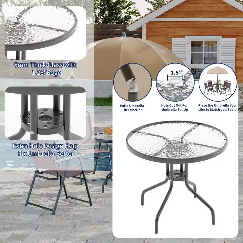 Ensemble repas d'extérieur, 4 chaises pliantes et un parasol, parfait pour les terrasses et jardins. Facile à monter et à ranger.