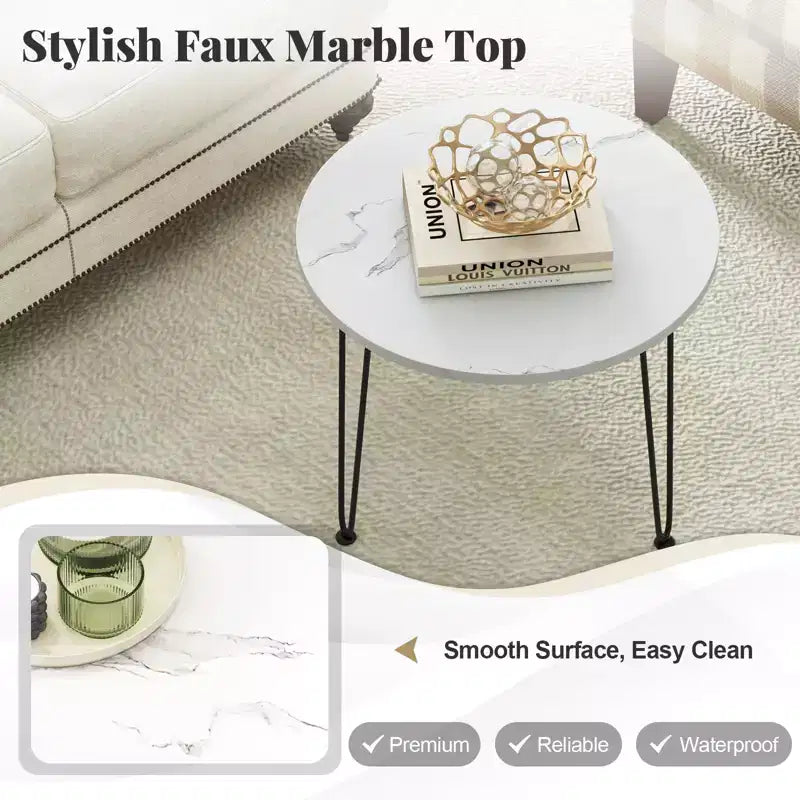 Table basse effet marbre avec pieds en métal pour salon bureau blanc