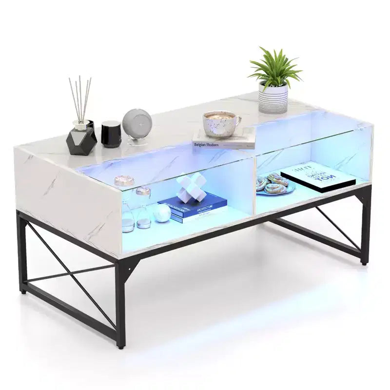 Costway LED Coffee Table with 4 Storage Cubes Faux Marble & Tempered Glass Top for Living Room White
