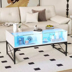 Table basse LED avec 4 cubes de rangement Plateau en simili-marbre et verre trempé pour salon Blanc