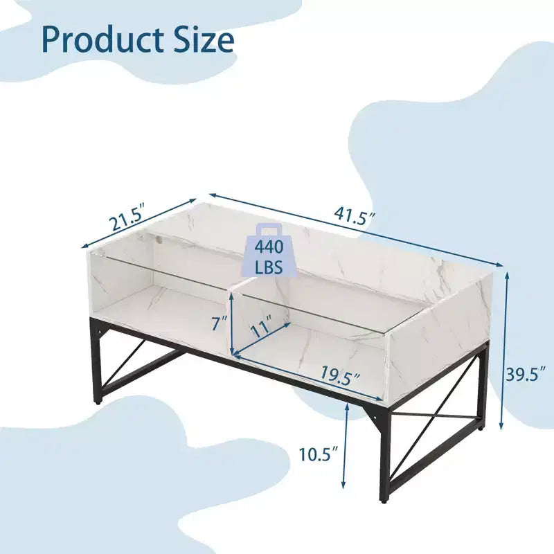 Table basse LED avec 4 cubes de rangement Plateau en simili-marbre et verre trempé pour salon Blanc